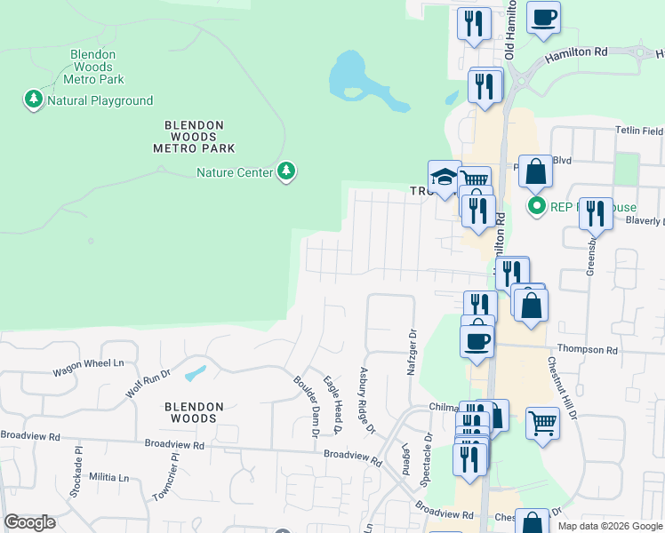 map of restaurants, bars, coffee shops, grocery stores, and more near 5688 Blendonridge Drive in Columbus