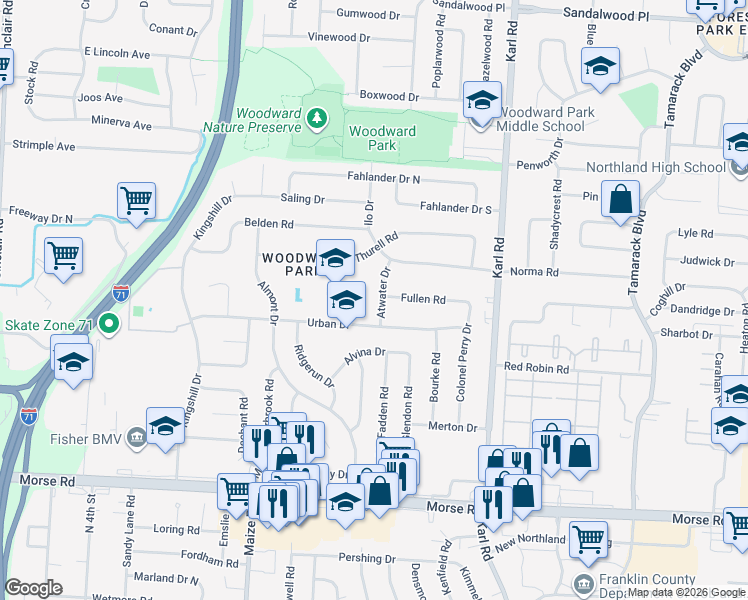 map of restaurants, bars, coffee shops, grocery stores, and more near 4958 Atwater Drive in Columbus