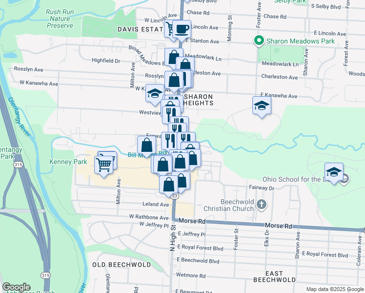 map of restaurants, bars, coffee shops, grocery stores, and more near 5212 North High Street in Columbus