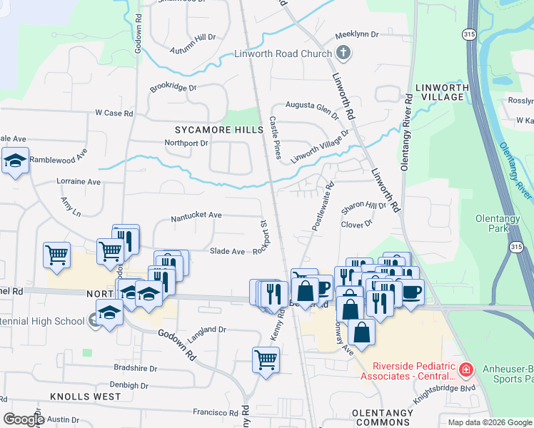 map of restaurants, bars, coffee shops, grocery stores, and more near 1031 Willow Bluff Drive in Columbus