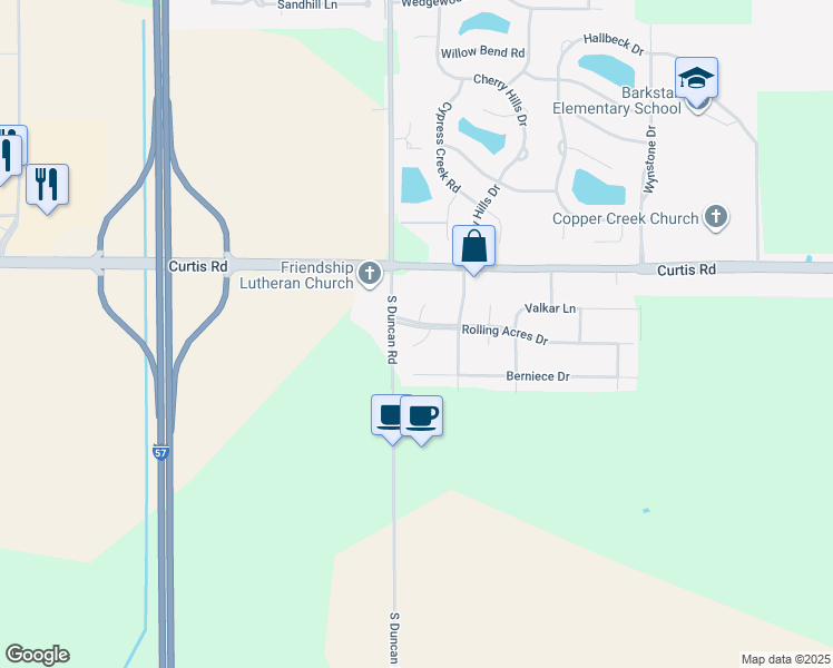 map of restaurants, bars, coffee shops, grocery stores, and more near 2906 Rolling Acres Drive in Champaign