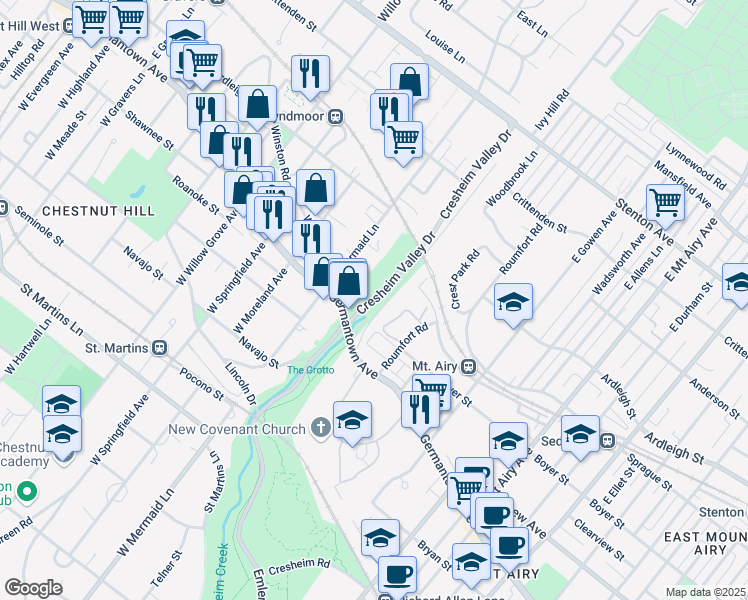 map of restaurants, bars, coffee shops, grocery stores, and more near Cresheim Valley Drive in Philadelphia