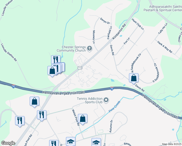 map of restaurants, bars, coffee shops, grocery stores, and more near 4506 Adams Court in Chester Springs