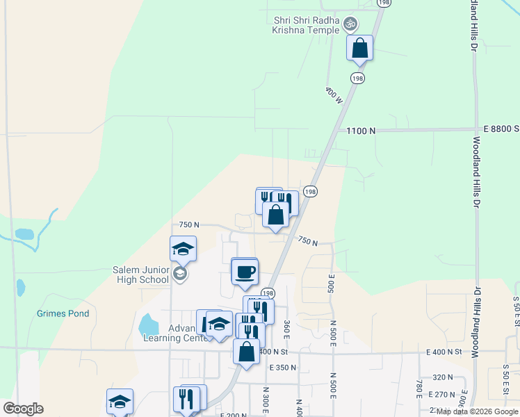 map of restaurants, bars, coffee shops, grocery stores, and more near 134 East 850 North in Salem