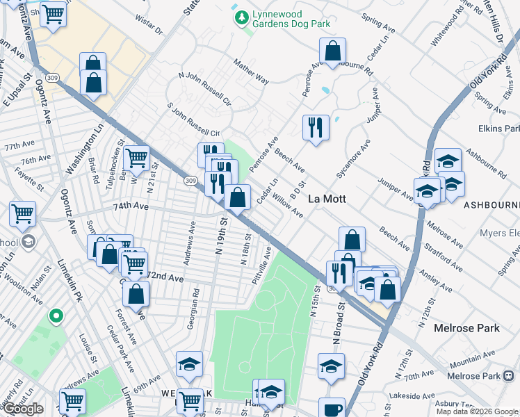 map of restaurants, bars, coffee shops, grocery stores, and more near 1725 Erlen Road in La Mott