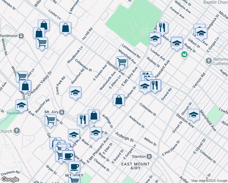 map of restaurants, bars, coffee shops, grocery stores, and more near 525 East Mount Airy Avenue in Philadelphia