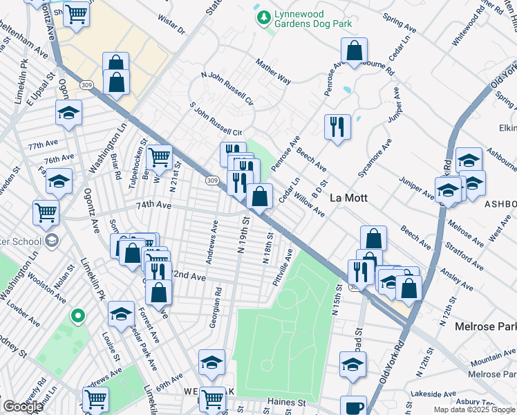 map of restaurants, bars, coffee shops, grocery stores, and more near 1819 West Cheltenham Avenue in La Mott