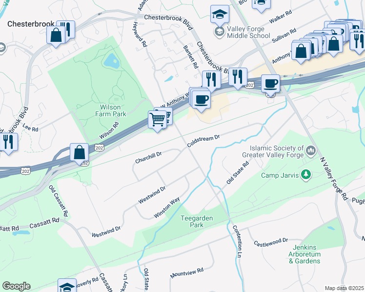 map of restaurants, bars, coffee shops, grocery stores, and more near 967 Contention Lane in Berwyn
