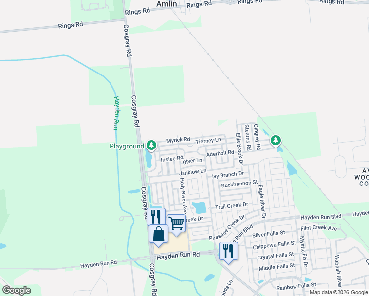 map of restaurants, bars, coffee shops, grocery stores, and more near 5977 Myrick Road in Dublin
