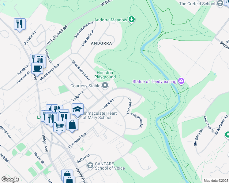 map of restaurants, bars, coffee shops, grocery stores, and more near 910 East Cathedral Road in Philadelphia