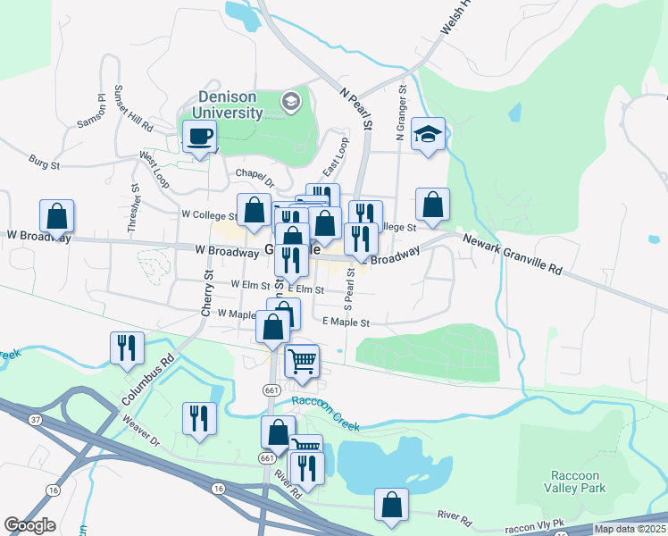 map of restaurants, bars, coffee shops, grocery stores, and more near 221 East Broadway in Granville