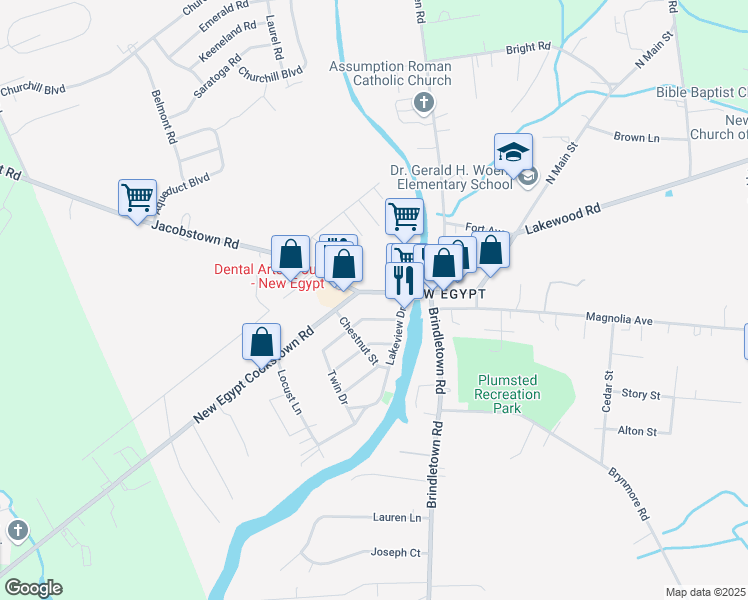 map of restaurants, bars, coffee shops, grocery stores, and more near 98 Main Street in Plumsted Township