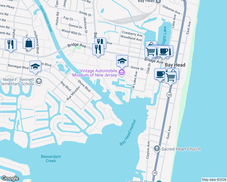map of restaurants, bars, coffee shops, grocery stores, and more near 72 Bay Point Harbour in Point Pleasant