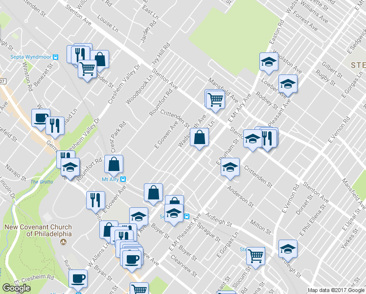 map of restaurants, bars, coffee shops, grocery stores, and more near 502 Wadsworth Avenue in Philadelphia