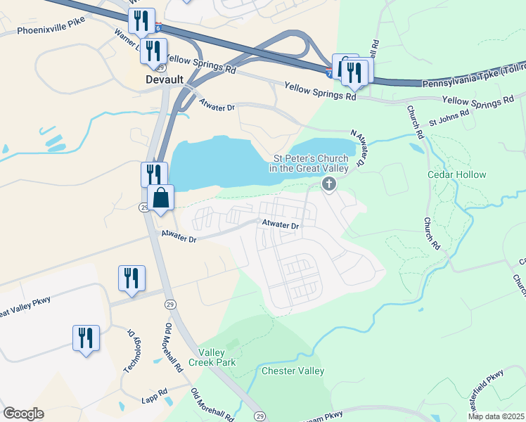 map of restaurants, bars, coffee shops, grocery stores, and more near 111 Quarry Point Road in Malvern