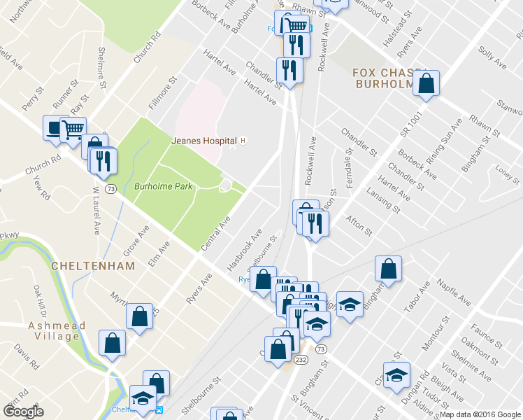 map of restaurants, bars, coffee shops, grocery stores, and more near 7345 Ryers Avenue in Philadelphia