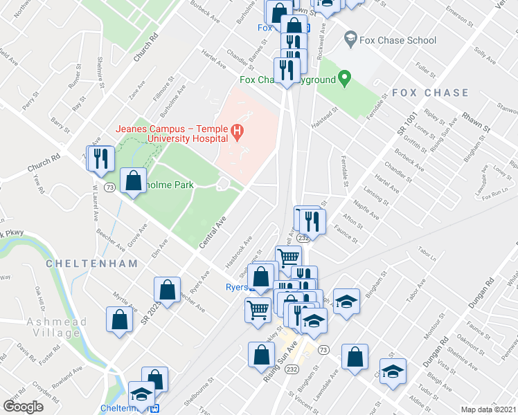 map of restaurants, bars, coffee shops, grocery stores, and more near 7345 Ryers Avenue in Philadelphia