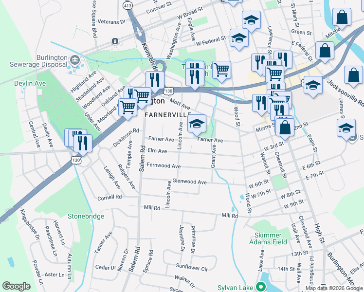 map of restaurants, bars, coffee shops, grocery stores, and more near 307 Farner Avenue in Burlington