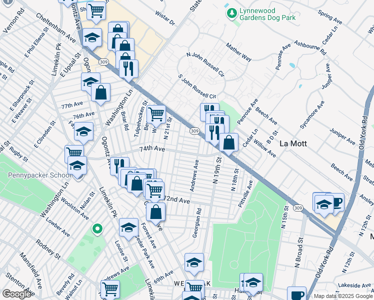 map of restaurants, bars, coffee shops, grocery stores, and more near 1979 74th Avenue in Philadelphia