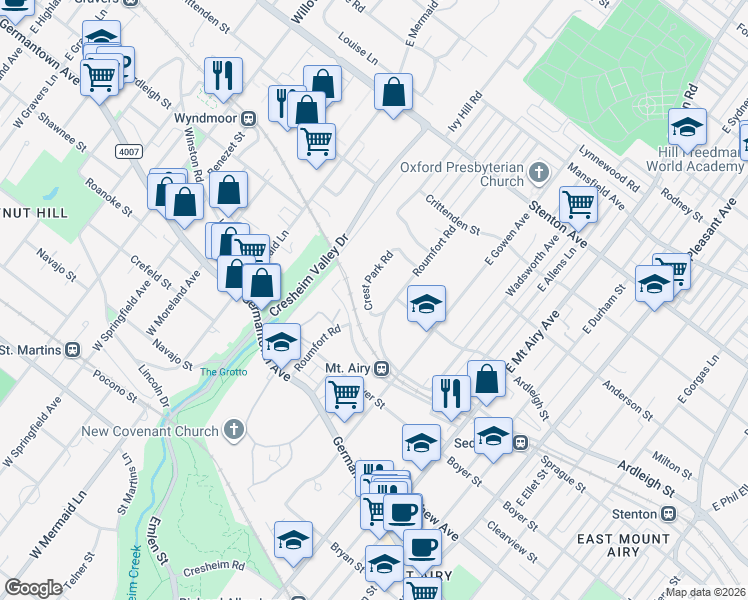 map of restaurants, bars, coffee shops, grocery stores, and more near 311 Crest Park Road in Philadelphia