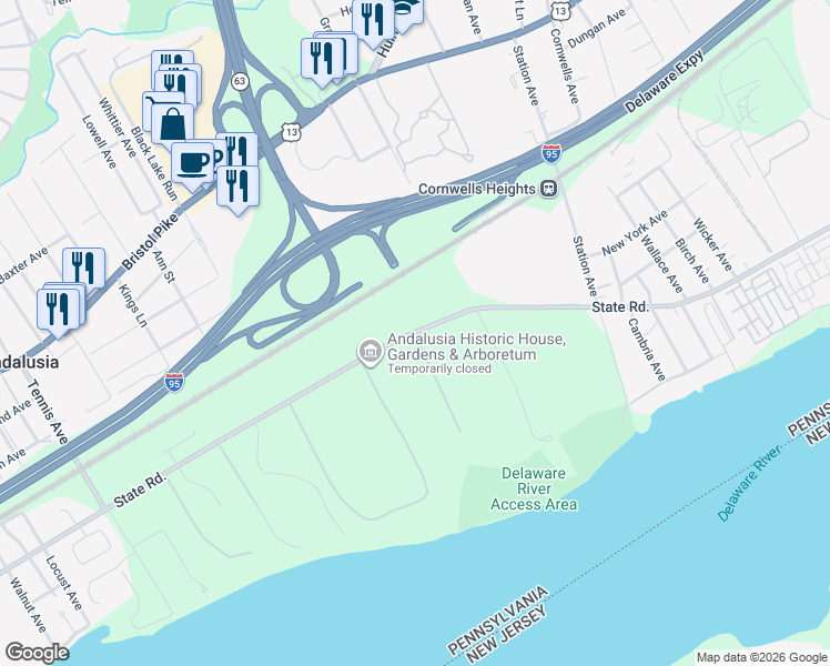 map of restaurants, bars, coffee shops, grocery stores, and more near 2 Wharf Road in Bucks County