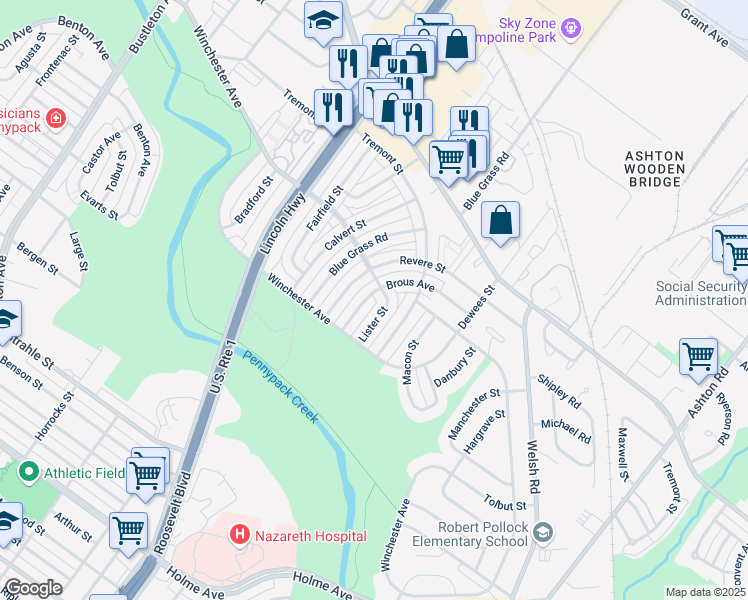 map of restaurants, bars, coffee shops, grocery stores, and more near 8833 Brous Ave in Philadelphia
