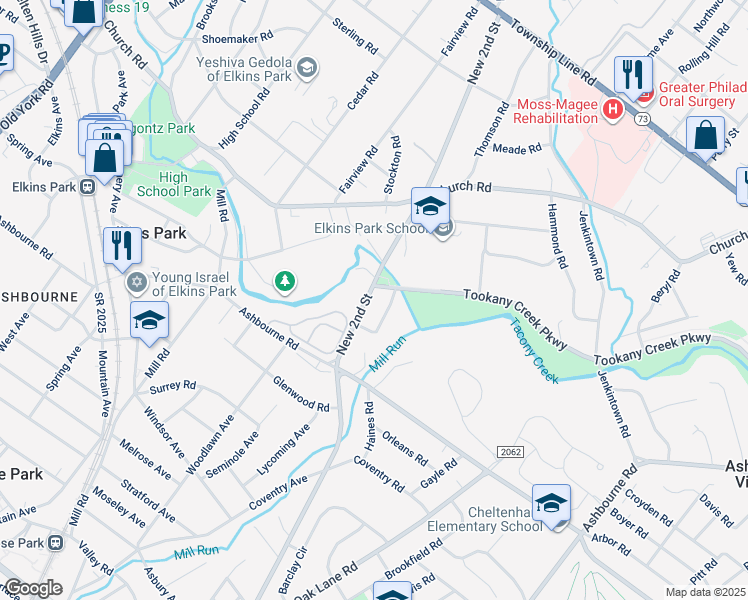 map of restaurants, bars, coffee shops, grocery stores, and more near 8102 New 2nd Street in Elkins Park