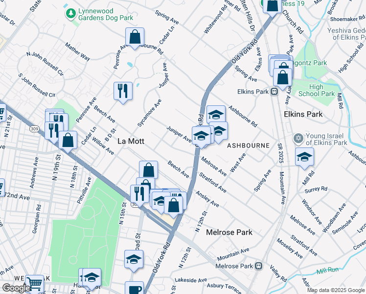 map of restaurants, bars, coffee shops, grocery stores, and more near 1423 Melrose Avenue in Montgomery County