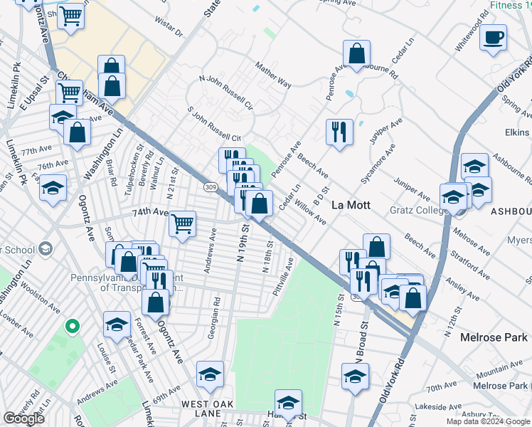 map of restaurants, bars, coffee shops, grocery stores, and more near 1810 Chelsea Road in La Mott