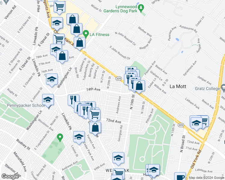 map of restaurants, bars, coffee shops, grocery stores, and more near 1985 74th Avenue in Philadelphia