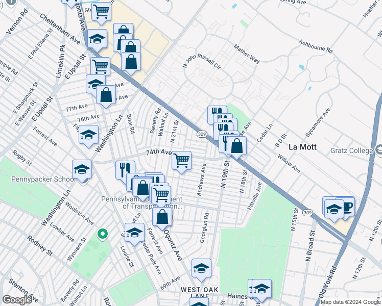 map of restaurants, bars, coffee shops, grocery stores, and more near 1985 74th Avenue in Philadelphia