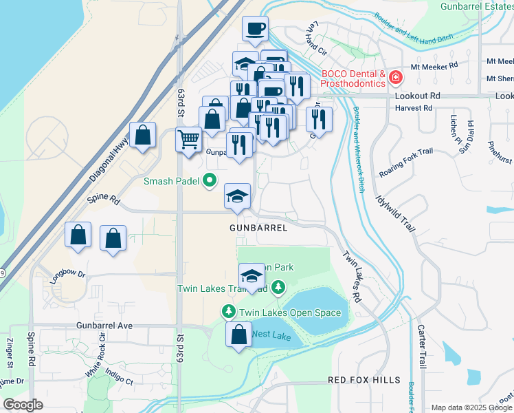map of restaurants, bars, coffee shops, grocery stores, and more near 5131 Williams Fork Trail in Boulder