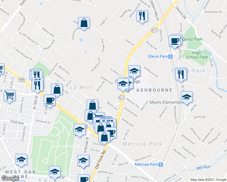 map of restaurants, bars, coffee shops, grocery stores, and more near 1423 Melrose Avenue in Montgomery County