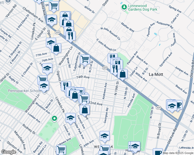 map of restaurants, bars, coffee shops, grocery stores, and more near 7403 North 20th Street in Philadelphia