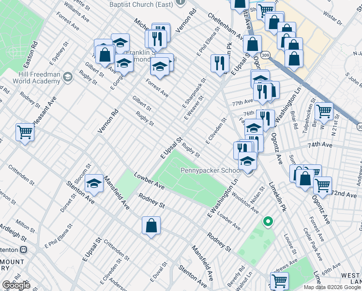 map of restaurants, bars, coffee shops, grocery stores, and more near 7700 Gilbert Street in Philadelphia
