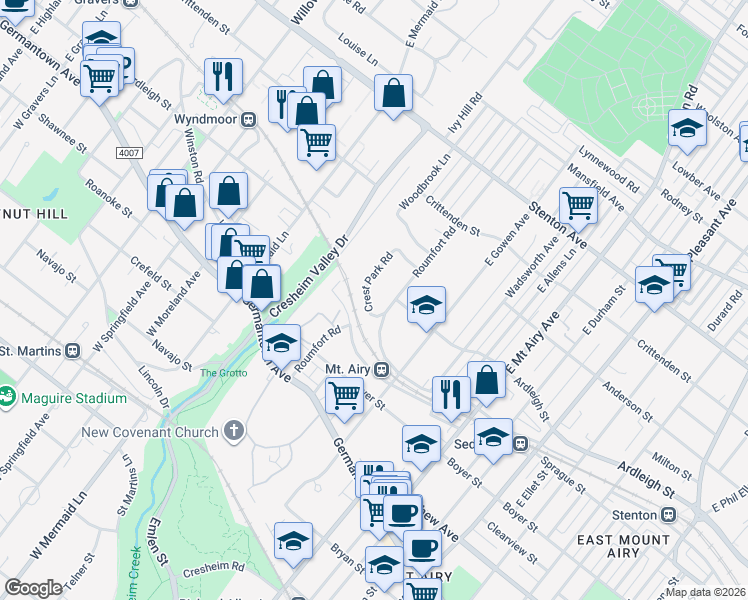 map of restaurants, bars, coffee shops, grocery stores, and more near 311 Crest Park Road in Philadelphia