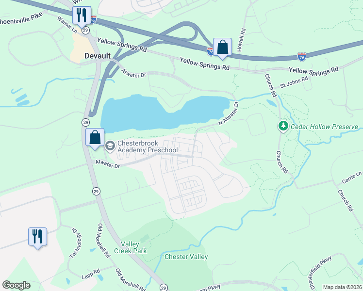 map of restaurants, bars, coffee shops, grocery stores, and more near 509 Cliff Lane in Frazer