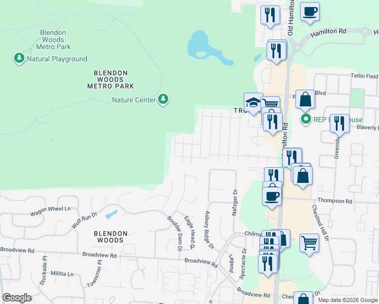 map of restaurants, bars, coffee shops, grocery stores, and more near 5688 Blendonridge Drive in Columbus