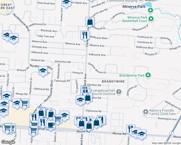 map of restaurants, bars, coffee shops, grocery stores, and more near 4836 Cleveland Avenue in Columbus