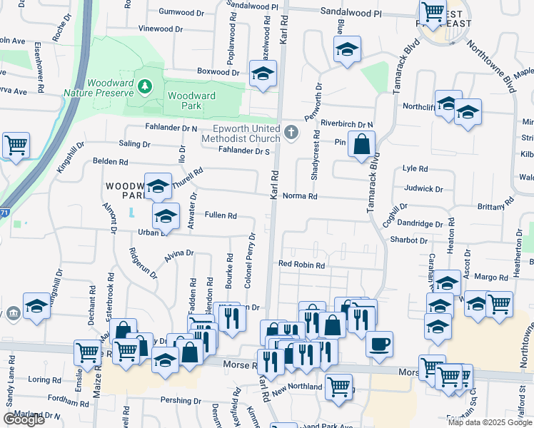 map of restaurants, bars, coffee shops, grocery stores, and more near 1549 Norma Road in Columbus