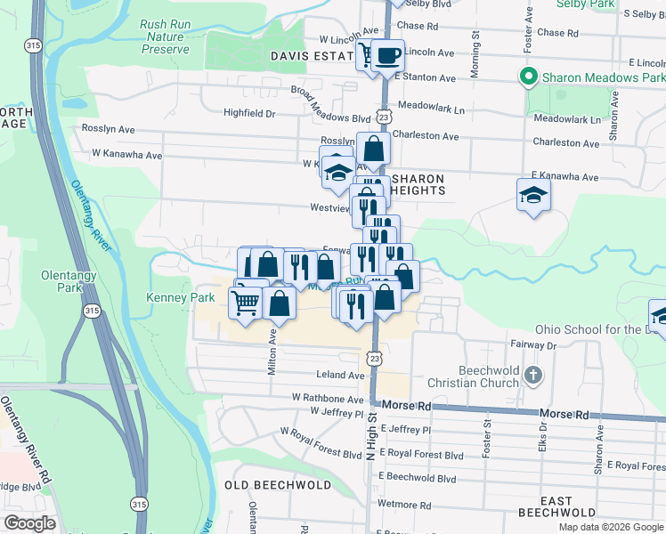 map of restaurants, bars, coffee shops, grocery stores, and more near 5155 North High Street in Columbus