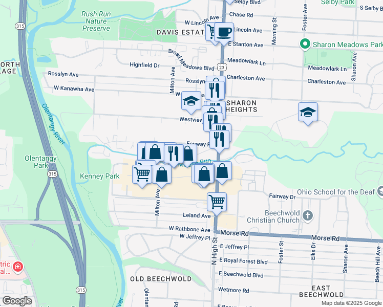 map of restaurants, bars, coffee shops, grocery stores, and more near 5155 North High Street in Columbus