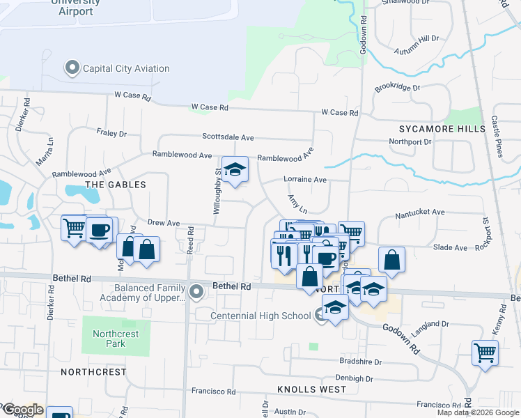 map of restaurants, bars, coffee shops, grocery stores, and more near 5401 Hollister Street in Columbus