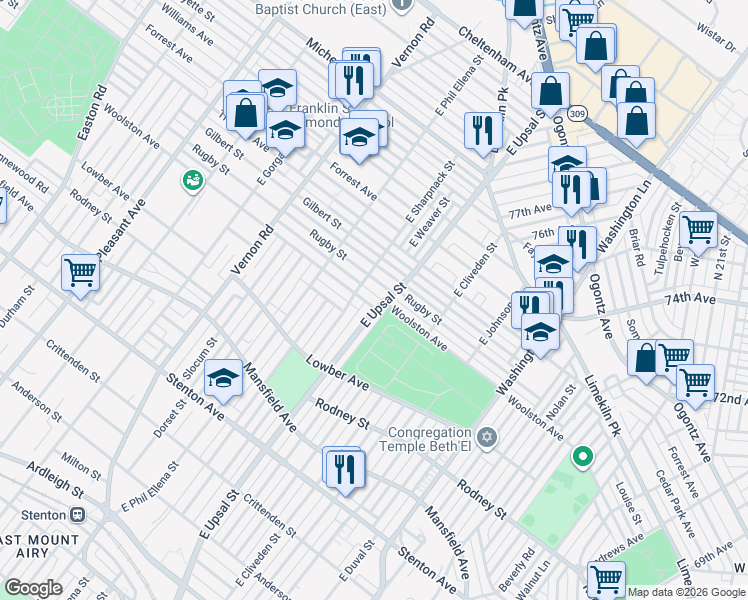 map of restaurants, bars, coffee shops, grocery stores, and more near 7728 Rugby Street in Philadelphia