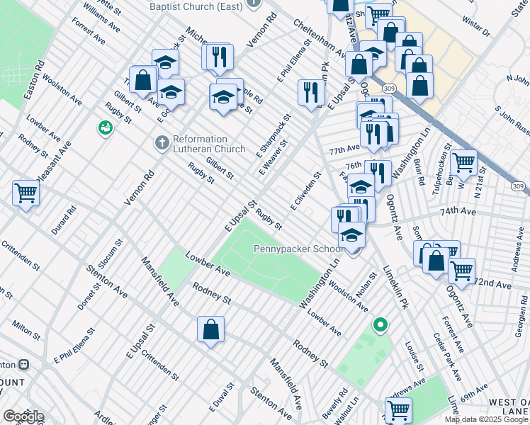 map of restaurants, bars, coffee shops, grocery stores, and more near 7633 Rugby Street in Philadelphia