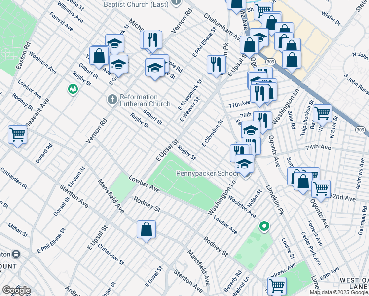 map of restaurants, bars, coffee shops, grocery stores, and more near 7633 Rugby Street in Philadelphia