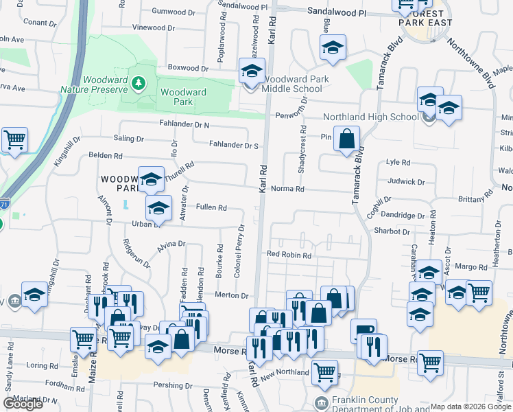 map of restaurants, bars, coffee shops, grocery stores, and more near 1549 Norma Road in Columbus