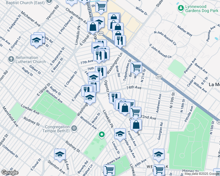 map of restaurants, bars, coffee shops, grocery stores, and more near 7436 Sommers Road in Philadelphia