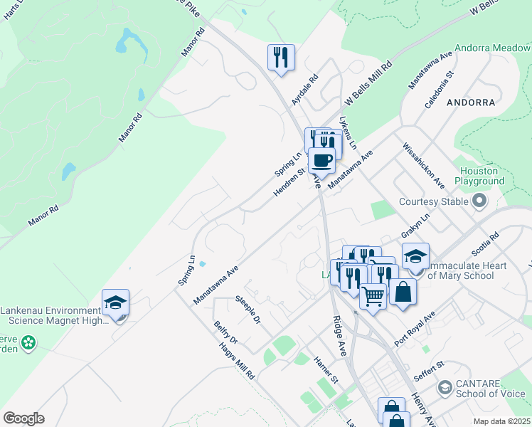 map of restaurants, bars, coffee shops, grocery stores, and more near 640 Hendren St in Philadelphia