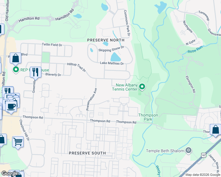 map of restaurants, bars, coffee shops, grocery stores, and more near 6438 Ellis Nook Drive in New Albany